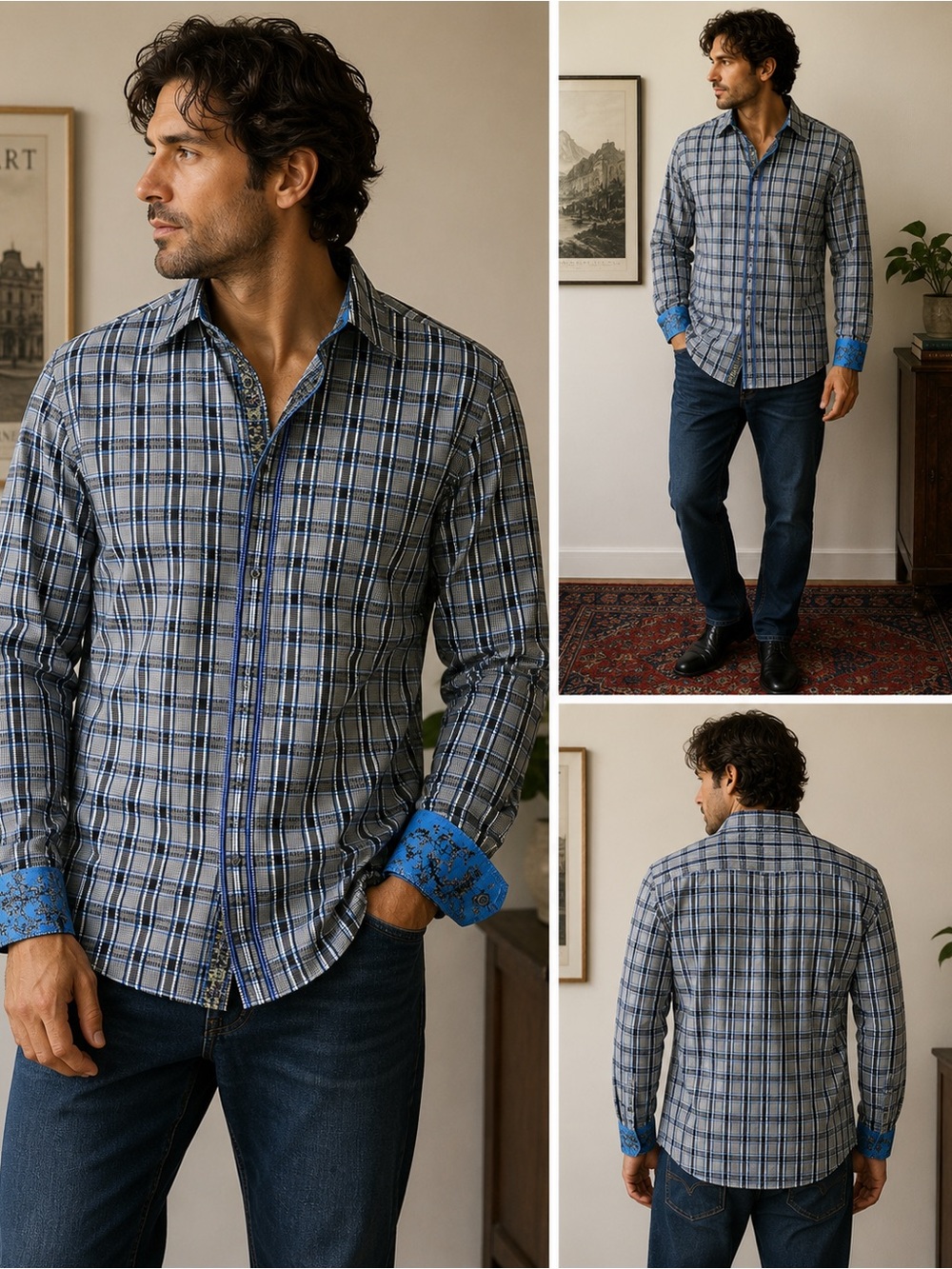 Robert Graham Plaid Button Front Shirt Men’s XL/TG Blue Embroidered Cuffs